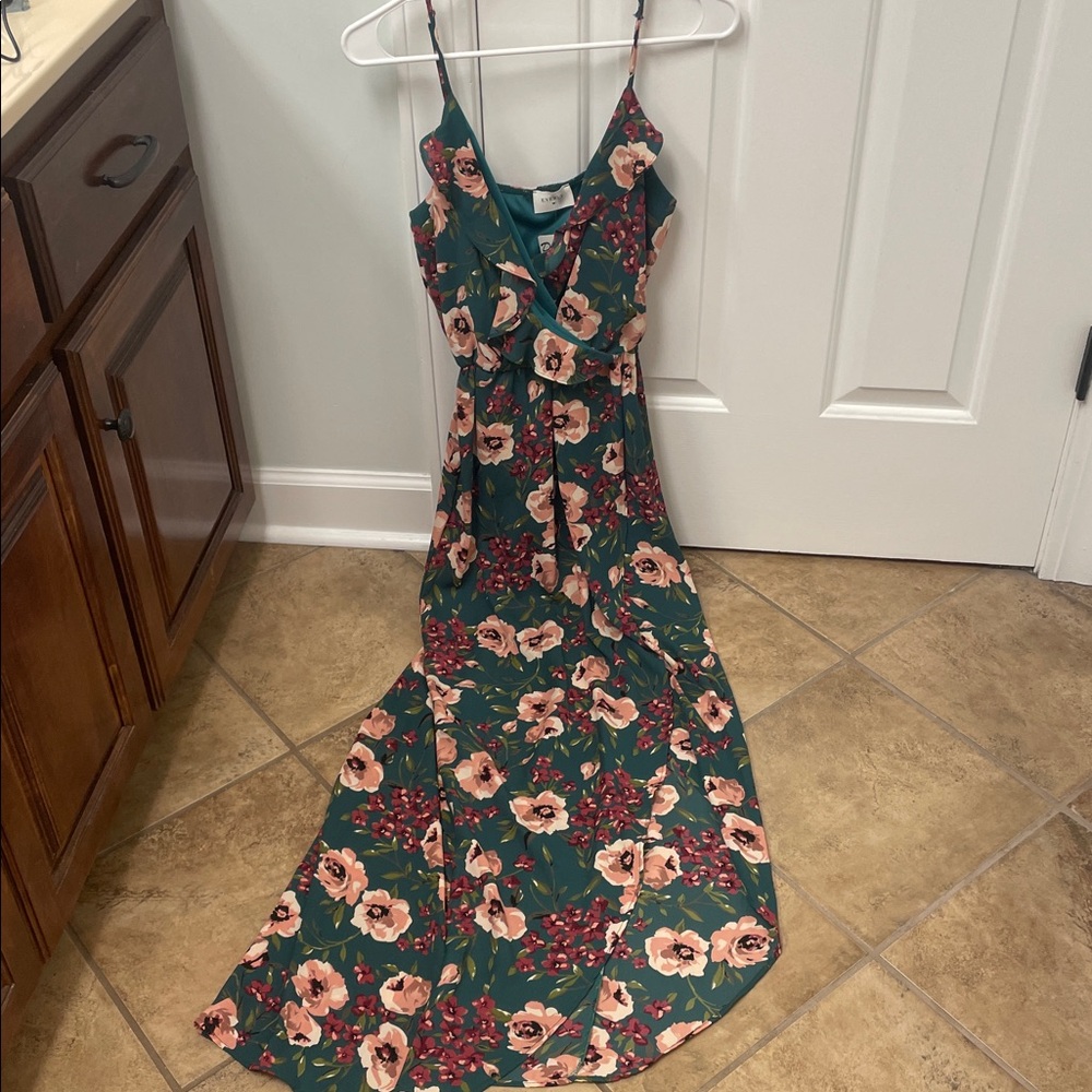 Everly Green Floral Maxi Dress with Pink Flowers